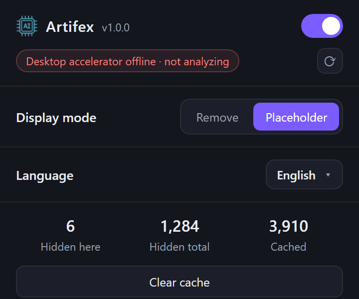 The Artifex popup with the desktop app closed