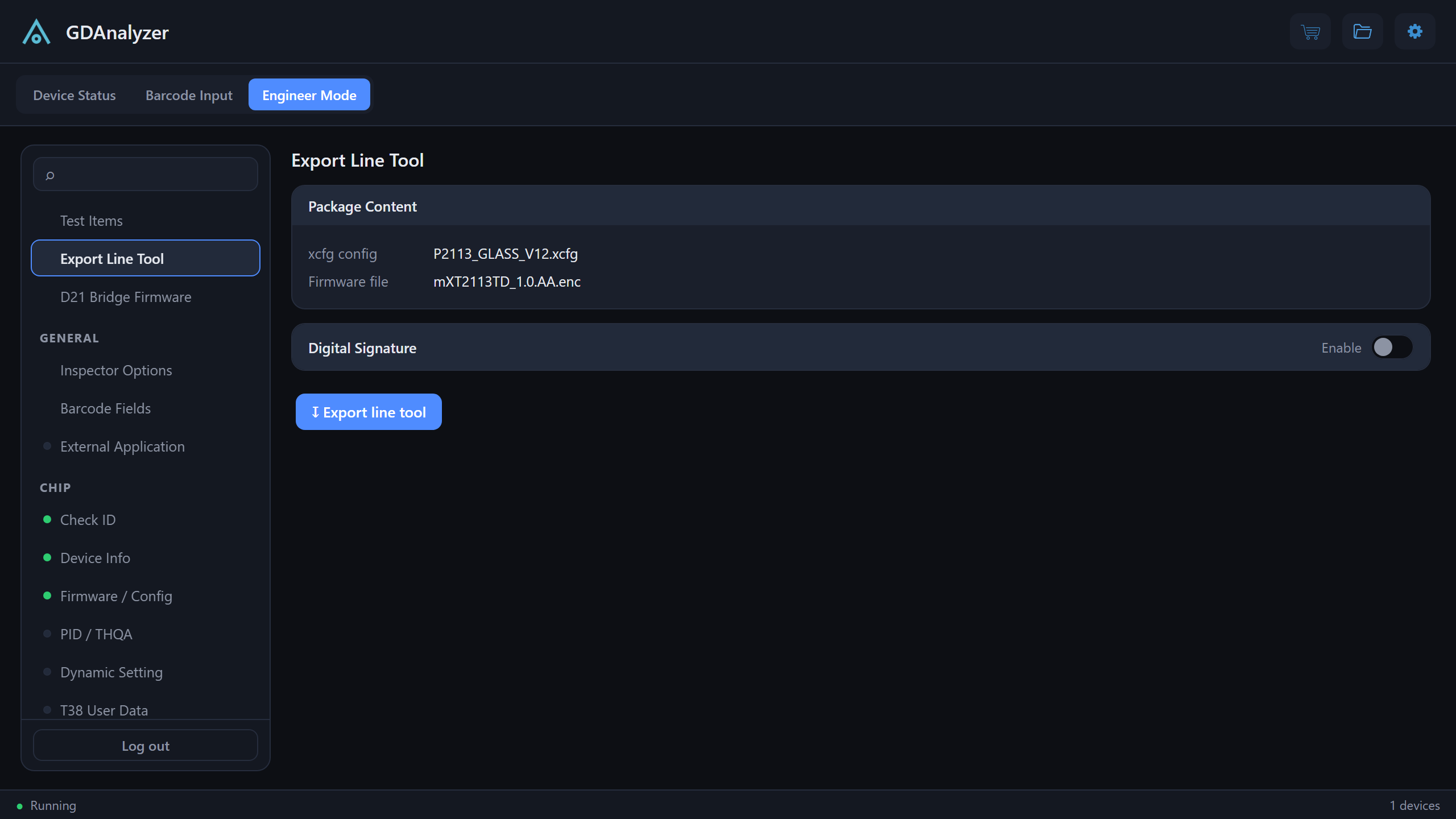Export Line Tool page in engineer mode
