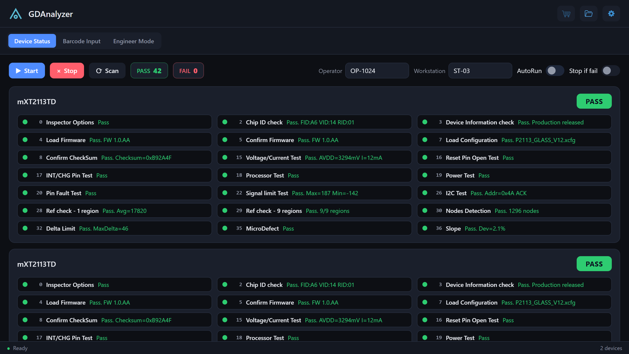 GDAnalyzer device status page, all test items passed on two devices