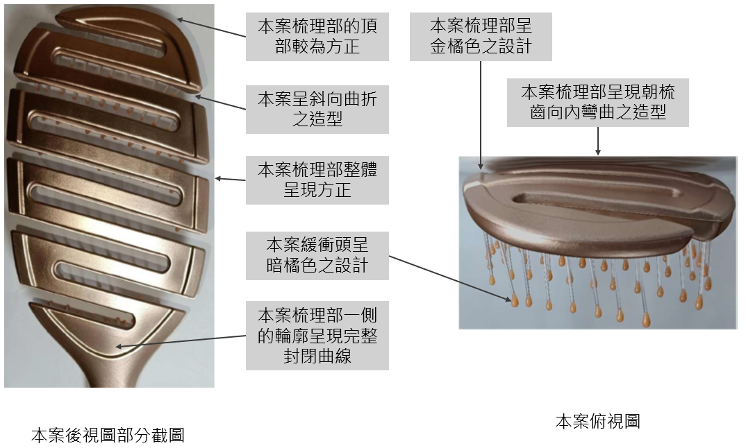 本案梳子梳理部的方正輪廓、封閉曲線、向內彎曲的梳齒側與橘色配色